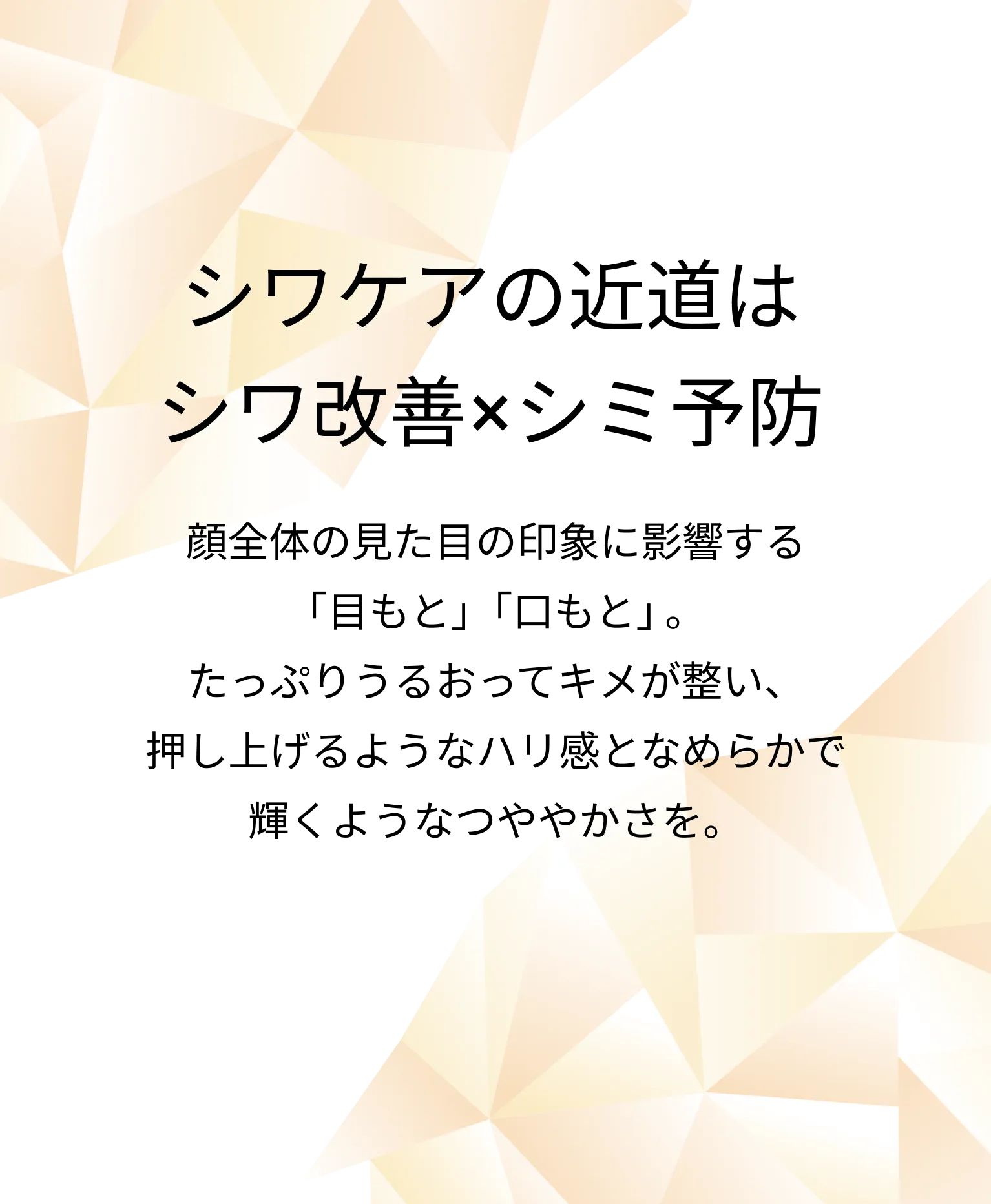 シワケアの近道はシワ改善×シミ予防。顔全体の見た目の印象に影響する「目もと」「口もと」。たっぷりうるおってキメが整い、押し上げるようなハリ感となめらかで輝くようなつややかさを。