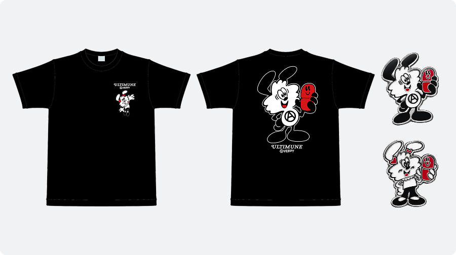 SHISEIDO（資生堂）アルティミューンとVERDYがコラボレーションしたオリジナルTシャツとピンバッジ。VERDYのキャラクター「VICK」と「GIRL」がデザインされた黒のTシャツ（表面・裏面）とピンバッジ2点セットの画像。